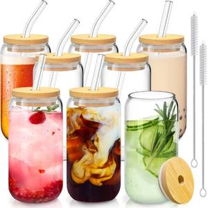 lot 38479 image: 8 Pcs Drinking Glasses with Bamboo Lids and Glass Straw - 16 Oz Can Shaped Glass Cups Beer, Ice Coffee Glasses Cute Tumbler Cup Great for Soda Boba Tea Cocktail Include 2 Cleaning Brushes