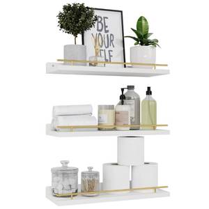 lot 38495 image: WOPITUES Floating Shelves with Gold Metal Guardrail, Shelves for Wall Decor Set of 3, Wall Shelves for Bedroom, Bathroom, Kitchen, Living Room, Plants, Picture Frames, Art- White and Gold