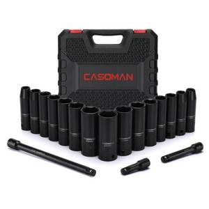lot 38500 image: CASOMAN 18PCS 12 Drive Impact Socket Set, Deep, Cr-V Steel, Metric, 10mm-24mm, Includes Extension Bars3-inch, 5-inch, 10-inch