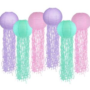 lot 38523 image: Jelly Fish Paper Lanterns, Lavender Green Pink Hanging Lantern for Mermaid Theme Under The Sea Ocean Birthday Party Decorations Set of 6