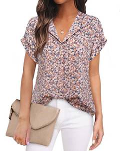 lot 38569 image: Timeson Womens Chiffon Tops and Blouses,Summer Business Casual Attire Clothes Short Sleeve Polyester Dress Shirts Ladies V Neck Dressy Tops Plus Size Floral Formal Office Work Outfits Pink Blue 2XL