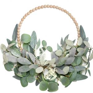 lot 38581 image: TEMPUS 16 Wood Bead Eucalyptus Leaf Wreath Artificial Green Leaf Wreath Spring Summer Decoration Holiday Party IndoorOutdoor Farmhouse Wreaths for Front Door Decor