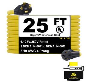 lot 38600 image: M1A2 Dryer Extension Cord 4 Prong 30 Amp NEMA 14-30P to 14-30R,25 FT Level 2 EV Charging 125V250V Plug STW 10 Gauge UL Listed