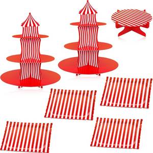 lot 38609 image: 7 Pieces Carnival Cake Stand Set 3 Tier Circus Carnival Cupcake Stand 1 Tier Round Cake Stand Rectangle Serving Tray Reusable Platters Cupcake Holders for Dessert Circus Birthday Party Supplies