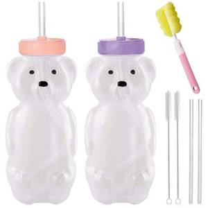 lot 38626 image: Honey Bear Straw Cups, Juice Bear Bottle Drinking Cup Long Straws with 4 Flexible Straws & Cleaning Tools, 8-Ounce Therapy Sippy Bottles for Speech and Feeding Training, Food-Grade & BPA Free 2 Pack