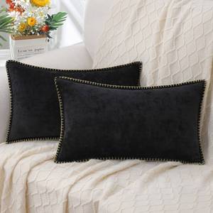 lot 38629 image: decorUhome Chenille Soft Throw Pillow Covers 12x20 Set of 2, Lumbar Velvet Farmhouse Pillow Covers, Decorative Pillow Covers with Stitched Edge for Couch Sofa Bed, Black