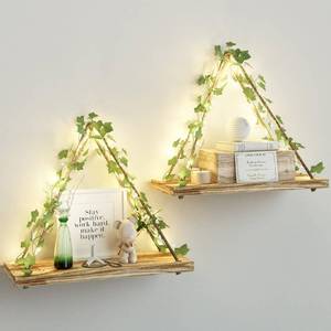 lot 38640 image: Fixwal Artificial Ivy Floating Shelves with Led-Strip Set of 2, Macrame Hanging Shelves Wall Decor, 15.7in Rustic Wood Wall Storage Shelves for Bedroom, Living Room, Bathroom, Plants Decor