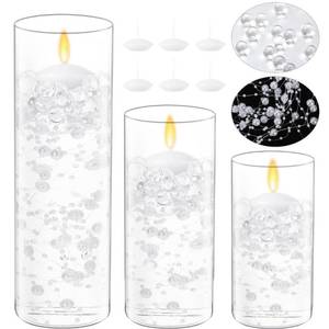 lot 38643 image: 15 Pcs Glass Cylinder Vase Clear Multiple Size 3 Set of Vases for Centerpieces 6 White Floating Candles 5 Pcs Faux Pearls String 1pcs Water Vase Filler Gel Beads for Wedding Home Decor (White)