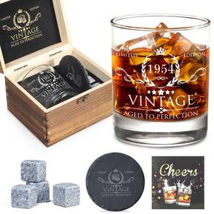 lot 38646 image: 70th Birthday Gifts for Men Whiskey Glass Set - 70th Birthday Decorations, Party Supplies - 70 Year Anniversary, Bday Gifts Ideas for Him, Dad, Husband, Friends - Wood Box & Whiskey Stones & Coaster