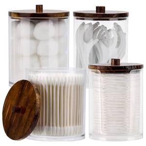 lot 38648 image: Tbestmax 4 Pcs Qtip Holder Dispenser - 10 oz, 12 oz Restroom Bathroom Organizers and Storage Containers, Clear Plastic Apothecary Jars with Wood Lids for Cotton Ball, Cotton Swab, Floss