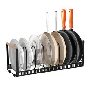 lot 38669 image: FUPOJH Upgraded Pot Rack Organizer, Expandable Pot Organizer Rack for under Cabinet, Pot and Pan Rack with Adjustable Dividers and Wooden Handles for Kitchen Cabinet