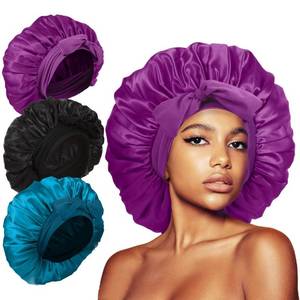 lot 38680 image: 3Pcs Bonnet Silk Bonnet for Sleeping, Satin Bonnet for Sleeping Hair Bonnets for Sleeping Black Curly Hair Women Extra Large Jumbo Bonnet with Tie Band Braids (BlackPeacock BluePurple) shower cap