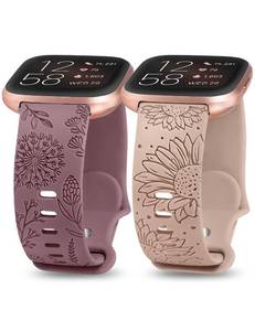lot 38719 image: Minyee 2 Packs Floral Engraved Band Compatible with Fitbit Versa 2Fitbit VersaVersa Lite Bands Women, Cute Soft Silicone Sunflower Dandelion Sport Designer Fancy Summer Strap for Versa 2 Smart Watch