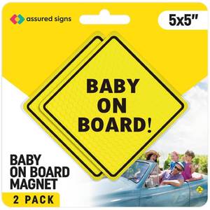 lot 38727 image: ASSURED SIGNS Baby On Board MAGNET for Car - 2 Pack, 5 by 5 - Essential Magnetic Sticker Sign for Bumper - Bright Yellow and Reflective - Best Safety Sign Accessories for Cars
