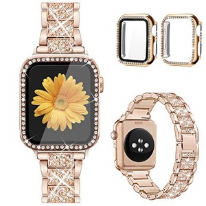 lot 38747 image: Mesime Compatible for Apple Watch Band with Screen Protector Case, Jewelry Replacement Band 45mm 44mm 42mm 41mm 40 mm 38mm 2 Pack Bling Protective Cover for iWatch Series 987654321SE Women