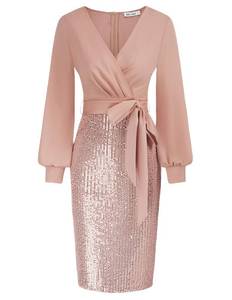 lot 38804 image: GRACE KARIN Womens Pencil Midi Dress Long Sleeve Elegant Casual Knee Length Wrap Dresses Pink L
