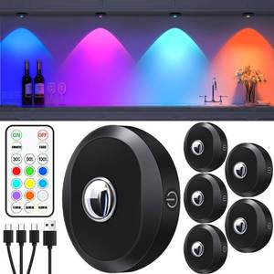 lot 38815 image: WILLED Rechargeable RGB Puck Lights with Remote Control, 1200mAh Battery Operated Tap Lights, Dimmable Touch Under Cabinet Lighting, Wireless Push Lights, LED USB Shelf Light (6 Pack)