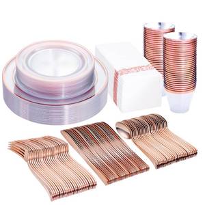 lot 38832 image: DaYammi 350Pcs Rose Gold Plates, Rose Gold Dinnerware Set Include 50 Dinner Plates 10.25, 50 Dessert Plates 7.5, 50 Rose Gold Cutlery, 50 Disposable Cups 9 OZ with 50 Napkins for Party and Wedding