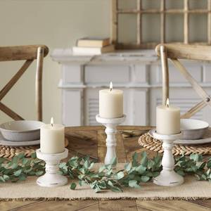 lot 38843 image: Barnyard Designs Pillar Candle Holder for Pillar Candles, Tall Wooden Candlestick Holders, Farmhouse Candle Holders for Table Centerpiece, Rustic Candle Holder Set of 2, (4, 8), White