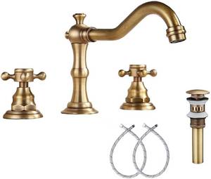 lot 38844 image: GGStudy 8 inch 2 Handles 3 Holes Widespread Bathroom Sink Faucet Antique Brass Bathroom Vanity Faucet Basin Mixer Tap Faucet Matching Metal Pop Up Drain with Overflow