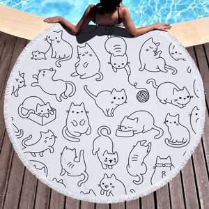 lot 38860 image: IcosaMro Cat Beach Towel Round Oversized Funny Cute Cat Lovers Extra-Large Circle Microfiber Lightweight Beach Blanket for Kids Baby Girls Boys Women Men Cruise Pool Travel, 59 Inch, Black and White