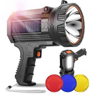 lot 38867 image: YIERBLUE Rechargeable Spotlight Flashlight with Solar Panels, 1000,000 High Lumen Outdoor Handheld Spot Lights and Flood Light, Foldable Stand and 3 Colors Lenses for Boating Hunting and Camping