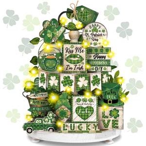 lot 38868 image: Nitial 25 Pcs St. Patricks Day Retro Tiered Tray Decor Vintage Shamrock Wooden Tier Tray with LED Pre Lift Light Irish Themed Home Table Shamrock Wood Farmhouse Sign for St Patrick Party Supply