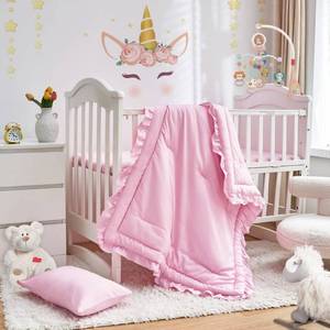 lot 38873 image: 3 Pieces Crib Bedding Set Baby Ruffle Quilted Comforter with Fitted Sheet and Pillow - Cute Ruffled Shabby Chic Bedding Soft Blanket Design Pink