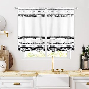 lot 38879 image: MESHELLY Black and White Kitchen Curtains 27.5Wx 39H Rod Pocket Boho Kitchen Curtains Bohemian Tassel Decor Modern Tribal Striped Nordic Chic Abstract Geometric Cute Small Window Drapes Fabric 2 Panel