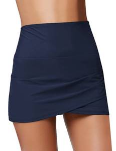 lot 38885 image: GRAPENT Womens High Waist Tulip Hem Shirring Swim Skirt Swimsuit Bikini Bottom Navy Blue Size L
