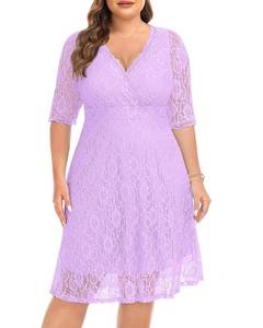 lot 38894 image: Lavender Dress Women Plus Size Bridesmaid Lilac Prom Light Purple Lace Homecoming Elegant Wedding Guest Knee Length Midi, Size 14