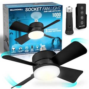 lot 38907 image: Socket Fan Light with Remote, Black Ceiling Fans with Lights and Remote, Easy Install Ceiling Fan with Light Replacement for Light BulbCeiling Fan for Bedroom Kitchen Living Room, 1000 Lumens (Warm)