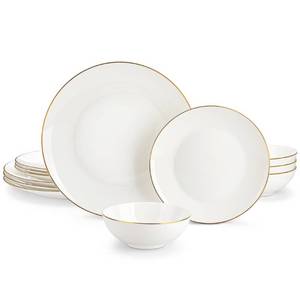 lot 38911 image: MALACASA Bone China Dinnerware Set, 12 Pieces Plates and Bowls Sets with Gold Rim, Cream-White Dinnerware Set for 4, Scratch Resistant Dinner Plates, Dessert Plates and Small Cereal Bowls, Series JERA