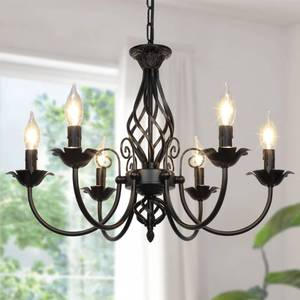 lot 38912 image: 6-Light Farmhouse Candle Chandelier for Living Room, Rustic Industrial Pendant Ceiling Light fixture, Vintage Hanging Lamp for Bedroom Hallway Kitchen Dining Room Foyer, Matte Black E12 Socket