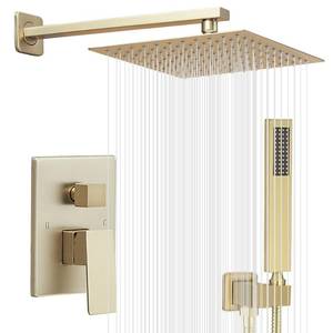 lot 38913 image: JingGang Brushed Gold Shower System 10 Inch Bathroom Luxury Rain Mixer Shower Combo Set Wall Mounted Rainfall Shower Head and Handheld System Shower Faucet Rough-in Valve Body and Trim Included