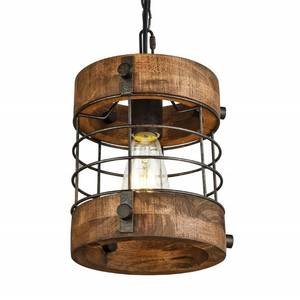 lot 38917 image: wochos Retro Industrial Metal and Wood Chandelier 1-Light Round Cage Pendant Light Fixture for Kitchen Island Foyer Hallway Bar Dining Room Restaurant, D 7.9 x H 8.7 (Brown)