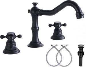 lot 38943 image: GGStudy Black Bathroom Faucet 2 Handles 3 Holes Faucet 8 inch Widespread Bathroom Sink Faucet Tap Mixer Supply Hose Included Matching Metal Pop Up Drain
