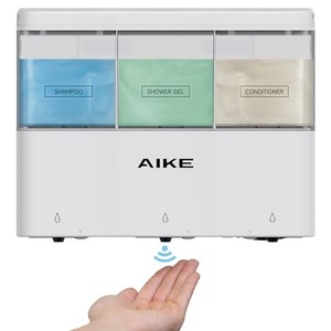 lot 39051 image: AIKE Touch-Free Shower Shampoo Dispenser Wall Mount Triple Chambers 3 x 10 fl.oz. Battery Operated Model AK1903 White