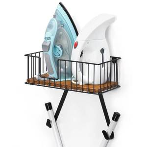 lot 39067 image: Ironing Board Hanger Wall Mount for Y Leg Ironing Board Holder with Shelf and Wooden Base Basket Iron Holder Rack with Hooks for Home Laundry Room White