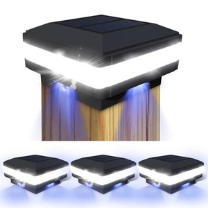 lot 39085 image: Sumaote Solar Post Cap Light, 52 LEDs 160 Lumen Outdoor Solar Post Light Fits 4x4 5x5 6x6 Wooden Posts Fence Post Lights Platform Garden Patio Deck Lighting 6000K White Light, Black Shell, 4 Pack