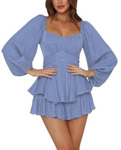 lot 39110 image: LYANER Womens Jumpsuit Lantern Long Sleeve Ruffle Layer Tie Mini Short Romper Dusty Blue XX-Large