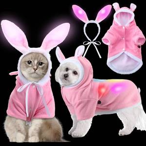 lot 39118 image: Cosblank 2 Pcs LED Easter Bunny Dog Costume Pink Fleece Puppy Hoodies Dog with LED Light Clothes Pet Suit and LED Bunny Ear Headband for Easter Warm Winter Dogs Cats Novelty Accessory(Small)