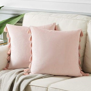 lot 39124 image: Fancy Homi Pack of 2 Cute Decorative Throw Pillow Covers with Handmade Tassels, Soft Velvet Peach Solid Square Cushion Case Set for Couch Sofa Bedroom Car Living Room (20x20 Inch50x50 cm, Blush Pink)