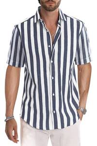 lot 39131 image: JMIERR Mens Summer Casual Stylish Short Sleeve Button-Up Shirts Cotton Linen Striped Business Dress Shirts Beach Shirt, L, Navy Blue and White Stripe