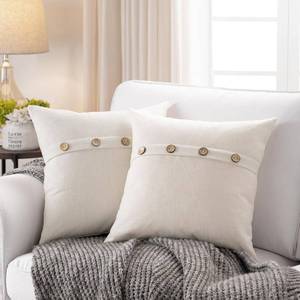lot 39133 image: Meekio Set of 2 Ivory Square Pillow Covers 18 x 18 Farmhouse Boho Pillow Covers with Coconut Buttons for Sofa Couch Living Room Bedroom Farmhouse D�cor for The Home