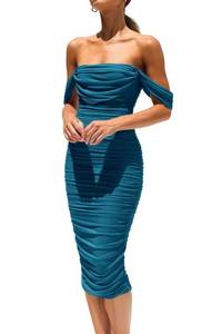 lot 39155 image: PRETTYGARDEN Womens Summer Off The Shoulder Ruched Bodycon Dresses Sleeveless Fitted Party Club Midi Dress (Lake Blue,Small)