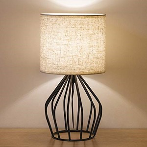 lot 39384 image: HAITRAL Black Modern Table Lamp - Minimalist Small Bedside Lamp with Hollowed Out Base Linen Fabric Shade, Vintage Nightstand Lamp for Bedroom Living Room Side Table Desk Kids Room