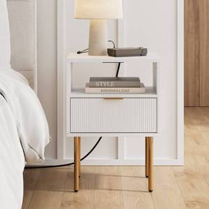 lot 39386 image: Masupu Nightstand with Charging Station,Mid-Century Modern Bedside Table with Storage Drawer and Open Wood Shelf,Small Gold Frame Side Table for Bedroom,Living Room (White)