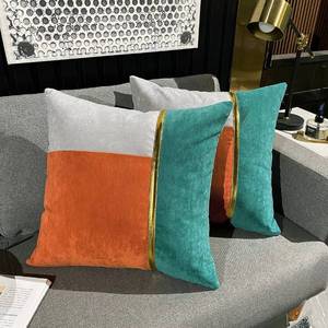 lot 39389 image: QIYIQI Orange Teal Gray Gold Leather Patchwork Velvet Throw Pillow Covers 18 x 18 Inches Luxury Modern Cushion Cases Decorative Pillows for Couch Living Room Bedroom (OrangeTealGray)