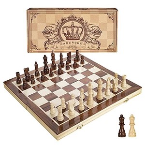 lot 39402 image: AMEROUS 15 Inches Magnetic Wooden Chess Set - 2 Extra Queens - Folding Board - Pieces Storage Slots, Handmade Portable Travel Chess Game - Beginner Chess Set for Kids, 6 up Age
